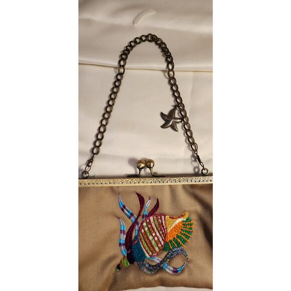 Vintage Brown Crewel Embroidered Handbag Purse - Removable Chain -- Ocean Theme - Picture 4 of 8
